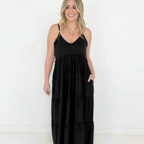 Zenana V-Neck Cami Maxi Tiered Dress with Side Pockets in Dark Olive - Picture 9 of 11